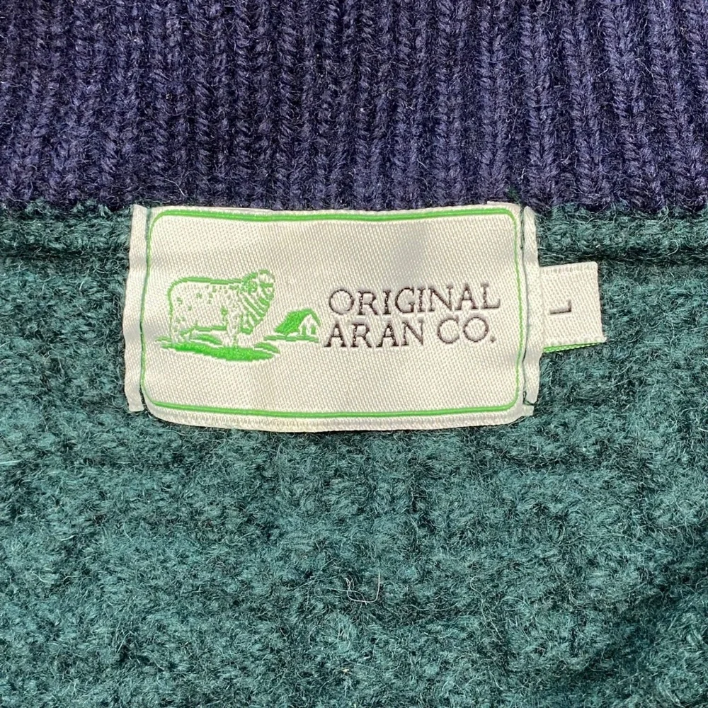 Original Aran Co Quarter Zip Sweater Sz L Men Green Merino Wool Cable Knit Irish